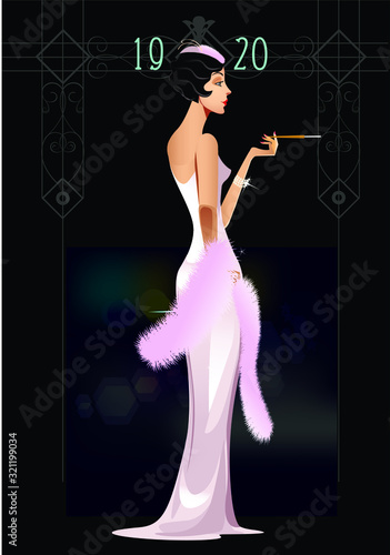 beautiful glamoir lady in retro style, retro fashion clipart beauty woman, 1920s