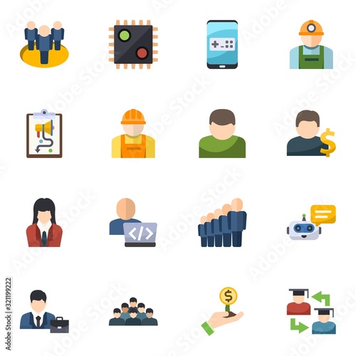 16 user flat icons set isolated on white background. Icons set with team, AI Decision, Mobile game, social media strategy, builder, User, businesswoman, Developer, worker icons.
