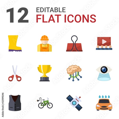12 illustration flat icons set isolated on white background. Icons set with Rubber boots, builder, Binder clip, Scissors, reward, Audience, vest, elektro bike, satellite icons.