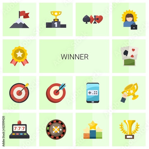 14 winner flat icons set isolated on white background. Icons set with achievement, Target, goal, poker, attainment, competition, gambling, successful woman, slot machine icons.
