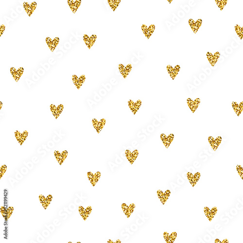 Seamless brilliant glitter pattern. Gold shiny Sparkles isolated on white background. Sparkling hearts random festive confetti. Trendy Vector stock illustration for holidays, Valentine's Day, weddings