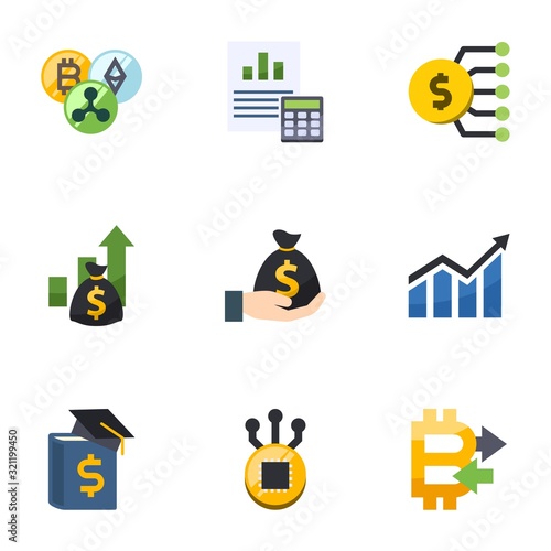 9 economy flat icons set isolated on white background. Icons set with Cryptocurrency, Balance Sheet, Marketing budget, Asset, Deposit, Profit, Business education, Fork icons.