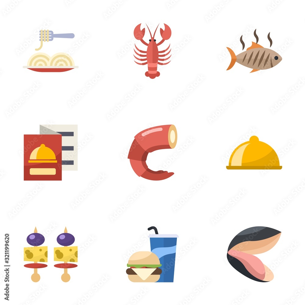 9 menu flat icons set isolated on white background. Icons set with Pasta, lobster, grilled fish, restaurant menu, shrimp, main dish, starters, Beverage, mussel icons.