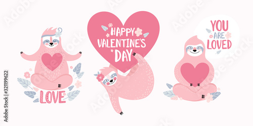 Set of cute pink sloth with heart and text. Greeting card, banner, t-shirt, sticker or poster for Valentine s Day, birthday. Cartoon character. Hand drawn exotic wild animals. Vector illustration.