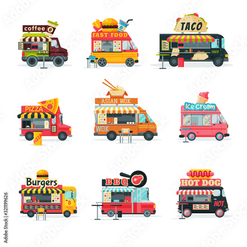 Food Trucks Collection, Street Meal Vehicles, Mobile Shops, Hamburgers, Coffee, Hot Dog, Pizza, Burger, Ice Cream, Taco Vector Illustration