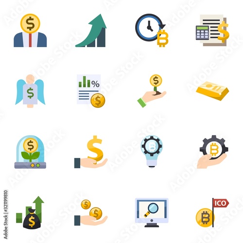 16 investment flat icons set isolated on white background. Icons set with Entrepreneurship, growth, future of money, Angel investor, Taxes, Investor, Business incubator icons.