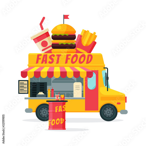 Fast Food Truck  Street Meal Van Delivery  Mobile Shop Vector Illustration