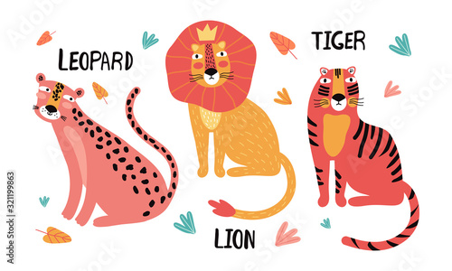 Set of wild cats, leopard, lion, tiger. Flat vector illustration. Wild exotic animals. Cute animal character idea for printed material and t-shirt, greeting card, children s wall art, sticker
