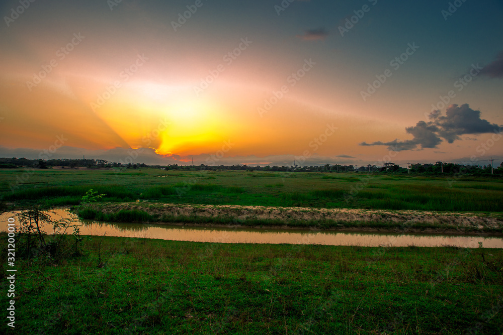 Natural panoramic nature background of rice fields,blown through the blurred cool air during the day,often seen in rural areas and scenic spots along the road.