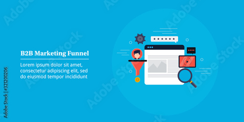 B2b marketing strategy, converting new leads to customers, digital marketing funnel and business solution concept. Web banner template, blue background with text.