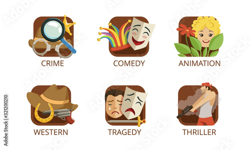 Cinema Genres Set, Crime, Comedy, Animation, Western, Tragedy, Thriller, Cinematography, Movie Production Sign Vector Illustration