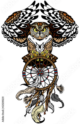 flying owl with american native indians dreamcatcher. Tattoo. Front view vector illustration