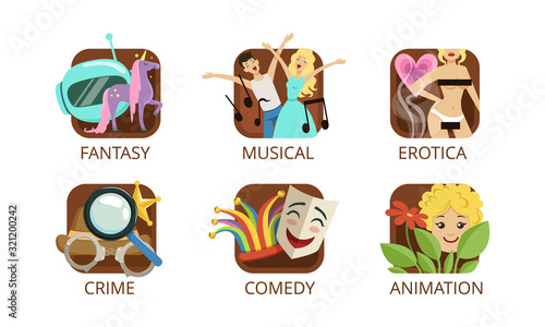 Cinema Genres Set, Crime, Fantasy, Musical, Erotica, Crime, Comedy, Animation, Cinematography, Movie Production Sign Vector Illustration