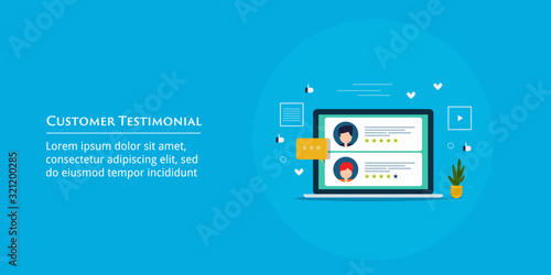 Customer testimonial, experience, feedback concept. What your customers are saying, online customer rating on laptop screen. Web banner template with text.