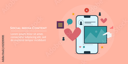 Social media, content marketing, smo business, digital marketing, mobile marketing app and engaging audience, blogging, advertising concept. Web banner template with text.