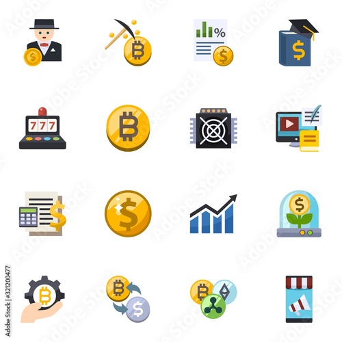16 money flat icons set isolated on white background. Icons set with rich man, Mining, Taxes, slot machine, bitcoin, ASIC Miner, Accounting, Net Income, Business education icons.