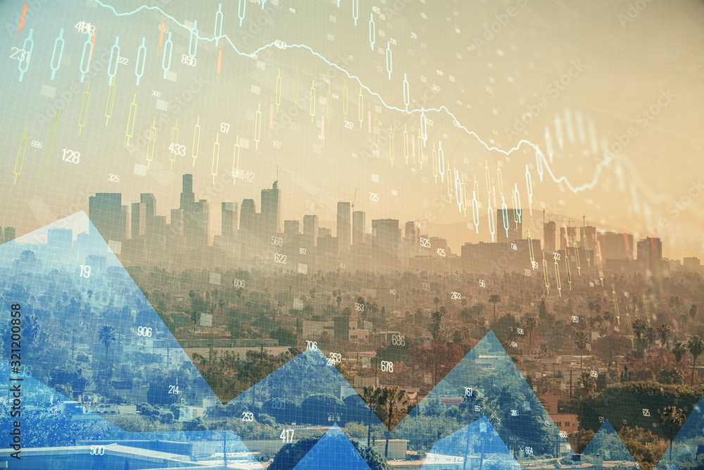 Forex chart on cityscape with skyscrapers wallpaper multi exposure. Financial research concept. Forex chart on cityscape with skyscrapers wallpaper multi exposure. Financial research concept.