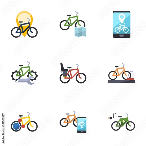 9 bicycle flat icons set isolated on white background. Icons set with Bike rental, Bike rental map, Bike rental app, repair service, Child seat, bicycle parking icons.