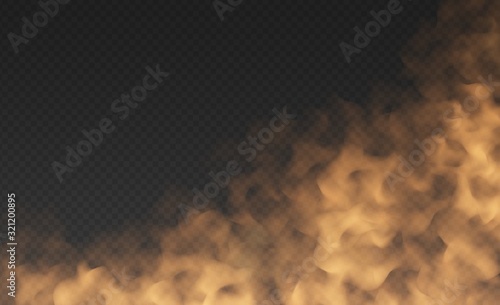 Orange fog or smoke cloud isolated on transparent background. Realistic smog, haze, mist or cloudiness effect. Realistic vector illustration.