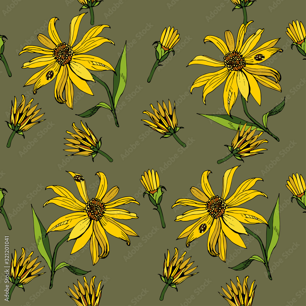 Seamless vector pattern. Jerusalem artichoke flower, closeup. Outline vector illustration of a yellow flower of a sunflower genus. A ladybug with yellow spots sits on a petal. Seamless vector pattern.