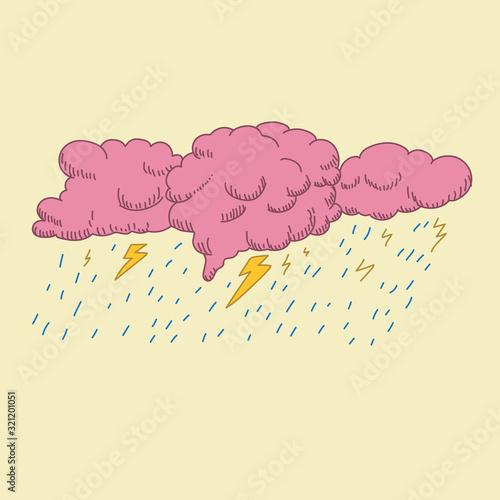 a brain in the form of a cloud with lightning. illustration of anger and stress