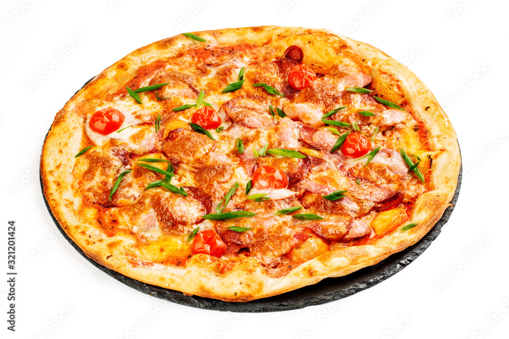 A plate with pizza on white background