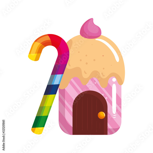 cupcake house delicious with candy in cane vector illustration design
