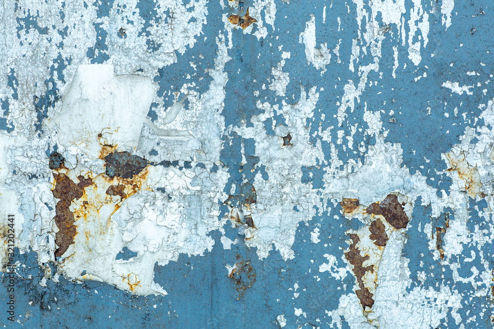 Old peeling paint texture on a wooden wall background. Pattern and texture of old dried paint and stucco on a rough surface - obrazy, fototapety, plakaty 