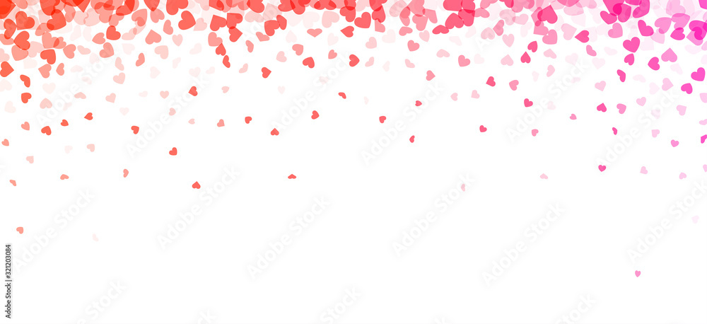 Valentines day card. Heart confetti falling over gradient pink background for greeting cards, wedding invitation.