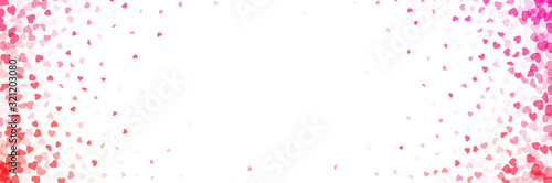 Valentines day card. Heart confetti falling over gradient pink background for greeting cards, wedding invitation.