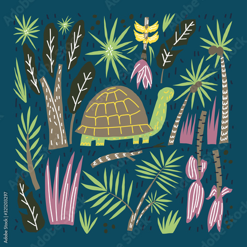 Cute tortoise in jungle. Animal palm leaves and fruit. Hand drawn vector composition. Vector flat illustration