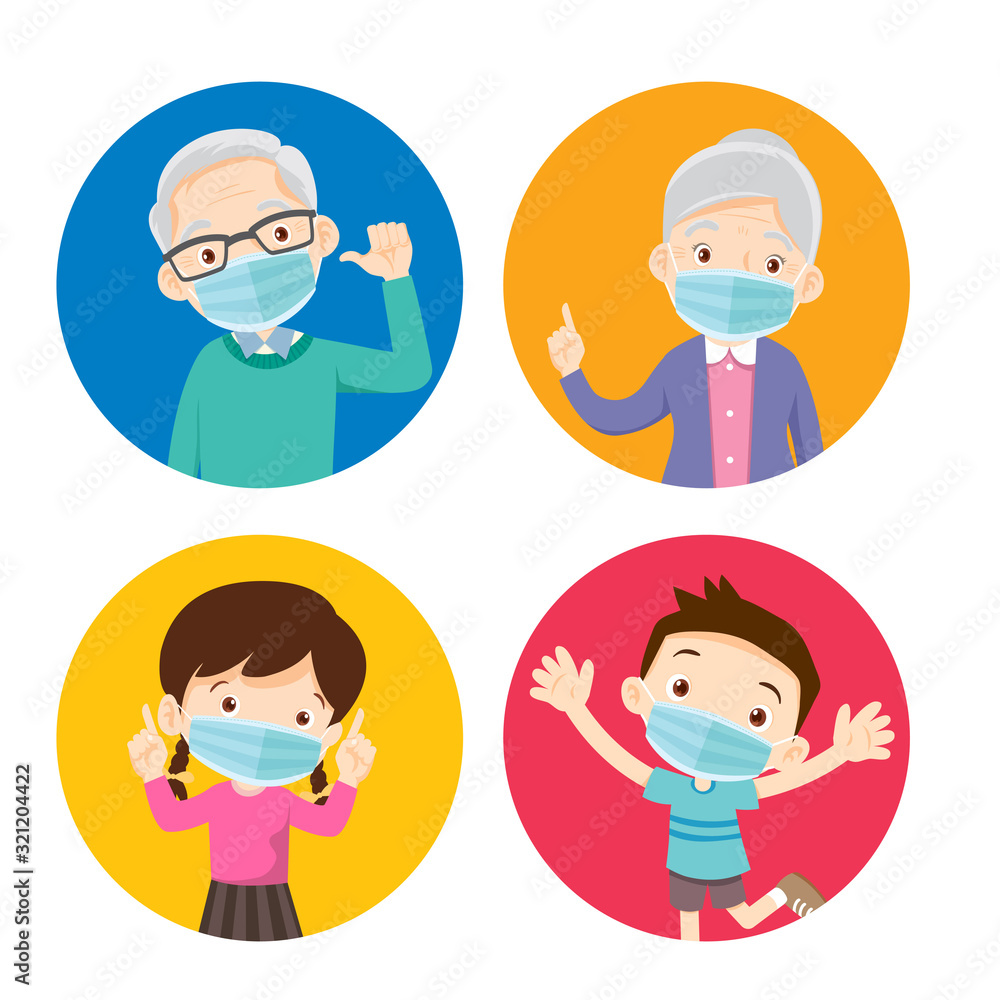 grandparents and children wearing a surgical mask to prevent virus