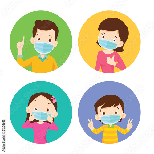 family wearing protective Medical mask for prevent virus.Dad Mom Daughter Son wearing a surgical mask.
