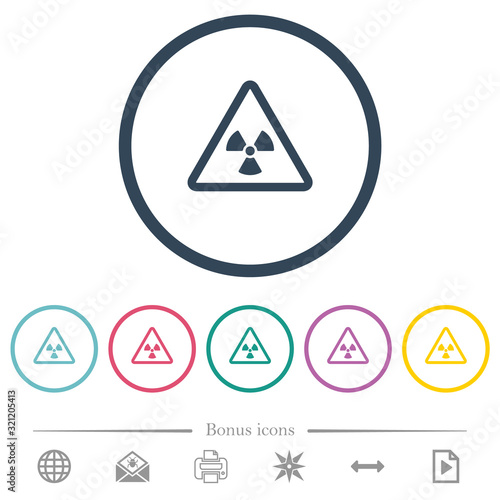 Nuclear warning flat color icons in round outlines