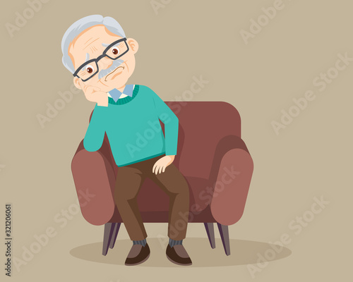 sad Senior man sitting alone on sofa