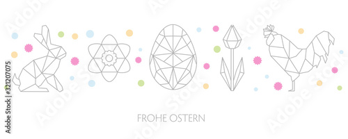 Ostergruß mit Osterhase, Osterei und Tulpen auf weißem Hintergrund