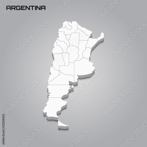 Argentina 3d map with borders of regions