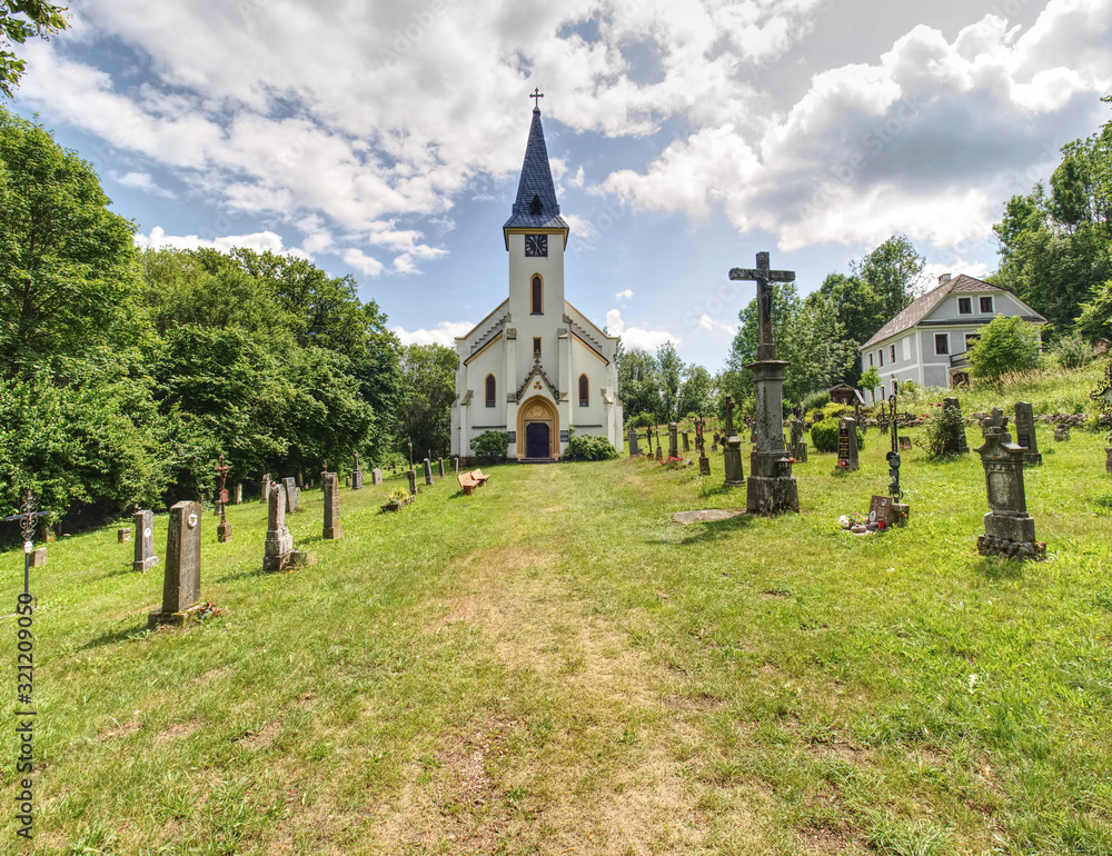 Church and graveyard in Zadni Zvonkova,  a border village