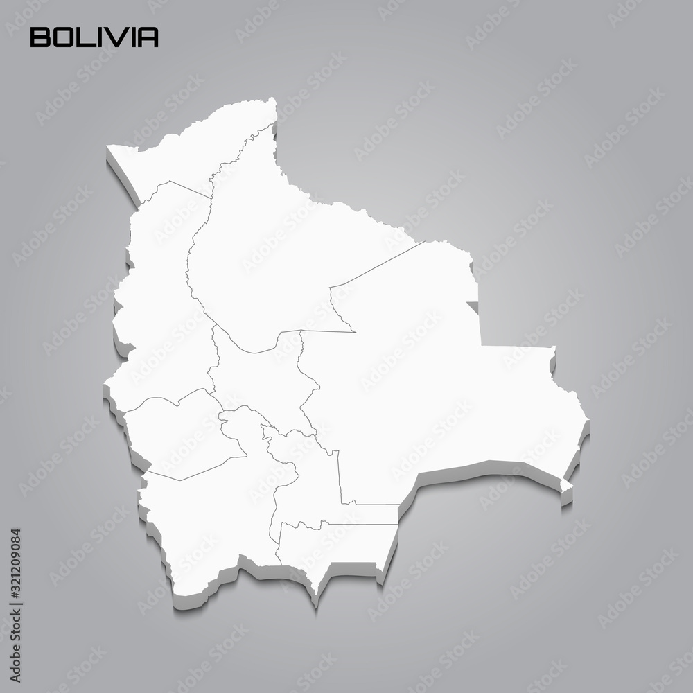 Bolivia 3d map with borders of regions