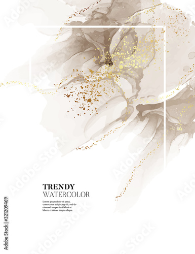 Pastel vibes earth tone background. Liquid watercolor flow banner, web advertisinf, poster, planner design. Resin pastel rust print with gold sparkles vector