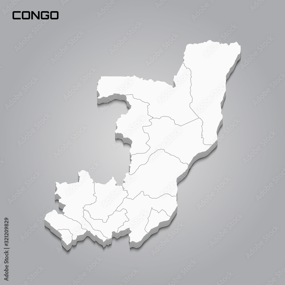Congo 3d map with borders of regions