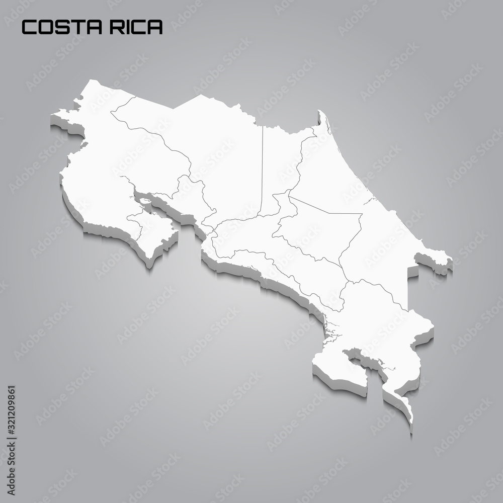 Costa Rica 3d map with borders of regions