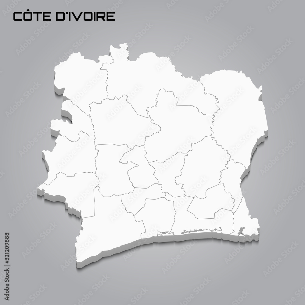 Ivory Coast 3d map with borders of regions