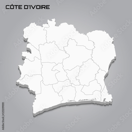 Ivory Coast 3d map with borders of regions