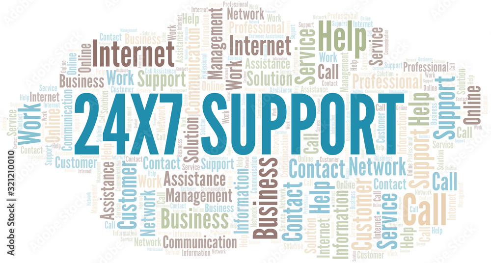 24x7 Support word cloud vector made with text only.