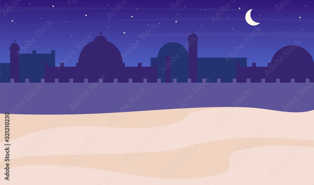 Desert town silhouette night scenery flat color vector background. Muslim buildings and sky with moon. Islamic architecture cartoon backdrop. Mosque and fortified wall, minaret illustration