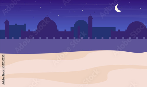 Desert town silhouette night scenery flat color vector background. Muslim buildings and sky with moon. Islamic architecture cartoon backdrop. Mosque and fortified wall, minaret illustration