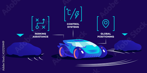 Driverless car functions flat color vector illustration. Smart control system, parking assistance and global positioning technology. Modern autonomous transport, futuristic vehicle on blue background
