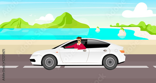 Guy in sunglasses driving sedan flat color vector illustration. Happy man in white automobile 2D cartoon character with sea shore on background. Smiling young adult on summer road trip