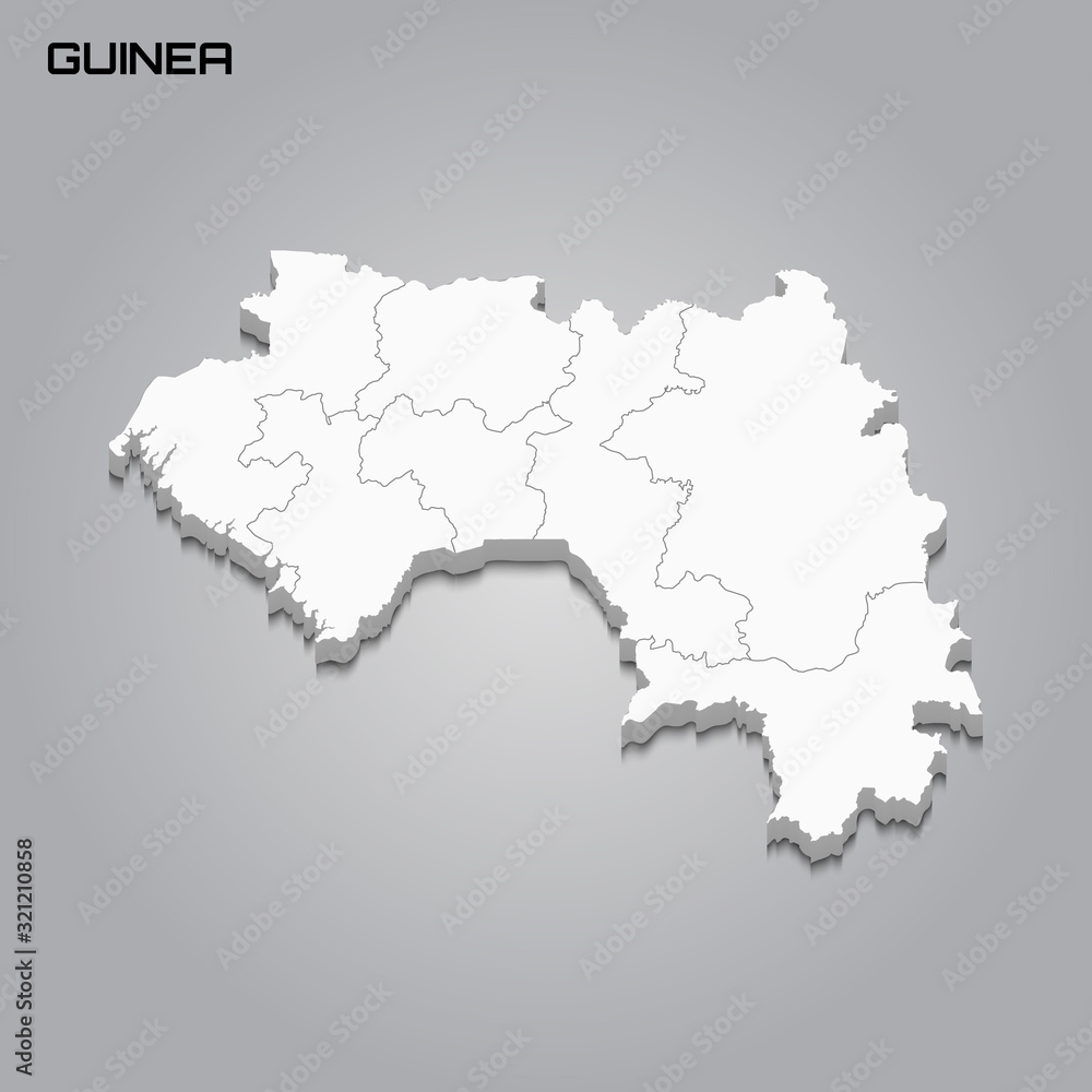 Guinea 3d map with borders of regions